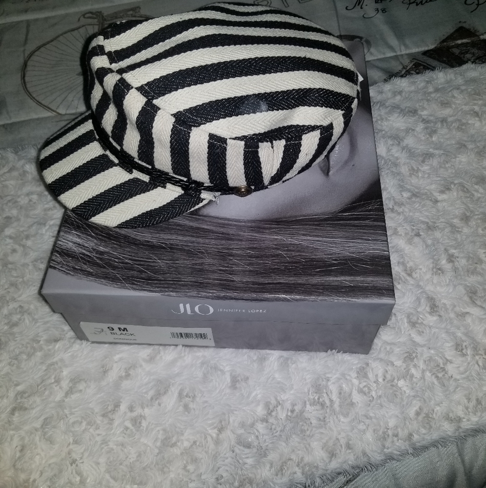 Striped Black and White Baker Boy Cap - Jennifer Lopez Collection